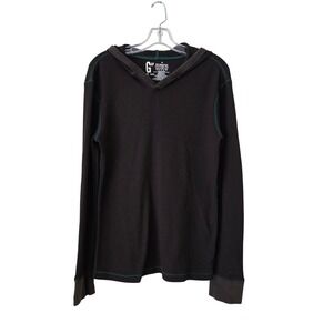 Gap Brown Waffle Knit Thermal Hoodie Green Contrast Stitching Pullover Top M